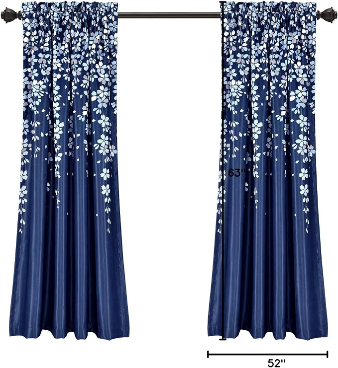 Lush Decor Weeping Flower Light Filtering Window Curtain Panels, Pair, 52" W x 63" L + 2" Header, Navy - Charming Modern Floral Curtains for Living Room, Dining Room, & Bedroom (Pack of 8)