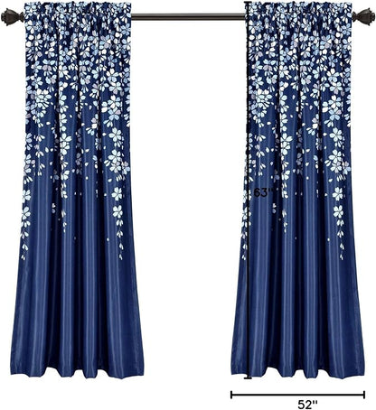 Lush Decor Weeping Flower Light Filtering Window Curtain Panels, Pair, 52" W x 63" L + 2" Header, Navy - Charming Modern Floral Curtains for Living Room, Dining Room, & Bedroom (Pack of 8)