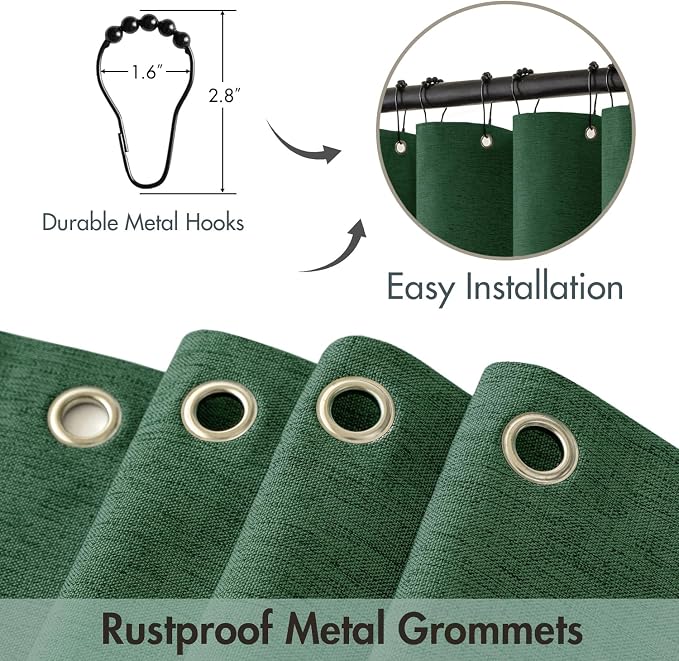 MIULEE Dark Green Scalloped Linen Shower Curtain 72x72 Inches | Linen Textured, Waterproof, Washable, 12 Metal Hooks, Heavy Duty Cloth, Black Border, Shower Curtain for Bathroom Bathtub