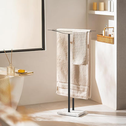 Bathroom Towel Rack Freestanding Floor Stand: Black 36in 2‑Bar Weighted Marble Base Towel Holder, Rustproof 304 Stainless Steel Drying Rack for Bath&Hand Towels, No‑Drill Slim Organizer, Spa Pool
