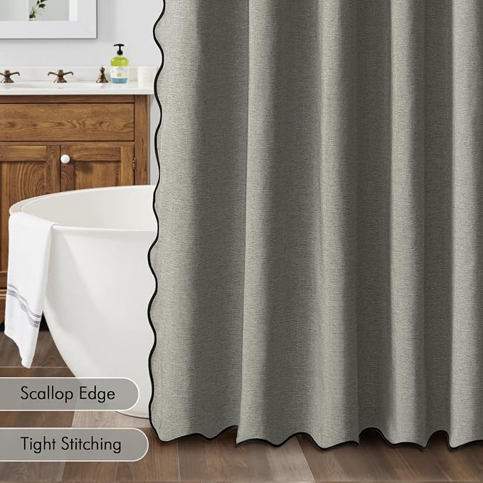 MIULEE 72"x84" Extra Long Scalloped Linen Shower Curtain Grey | Linen Textured, Waterproof, Washable, 12 Metal Hooks, Heavy Duty Cloth, Black Border, Shower Curtain for Bathroom Bathtub
