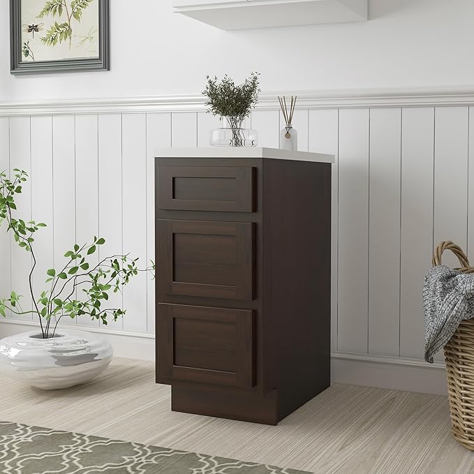 HomeBeyond 15 Inch Bathroom Vanity Base Only, Single Vanity Cabinet with 3 Dove-Tailed Drawers, Composable Floor Mount Cabinets without Top, Brown
