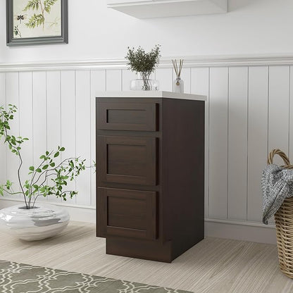 HomeBeyond 15 Inch Bathroom Vanity Base Only, Single Vanity Cabinet with 3 Dove-Tailed Drawers, Composable Floor Mount Cabinets without Top, Brown
