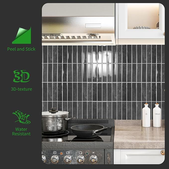 LONGKING 10-Sheet Smoky Black Peel and Stick Backsplash Tiles for Kitchen Wall, Kitchen Backsplash Wall Tile, Waterproof Back Splash Stick on Tiles for Bathroom | Peel and stick backsplash, self-adhesive wall tile, Black, waterproof, kitchen bathroom w...