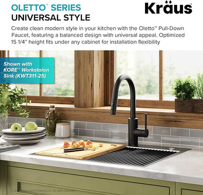 KRAUS Oletto Single Handle Pull Down Kitchen Faucet with QuickDock Top Mount Installation Assembly in Matte Black, KPF-2620MB