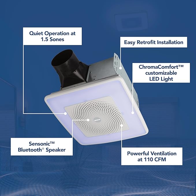 Broan-NuTone ChromaComfort Bathroom Exhaust Fan with Bluetooth Speaker, Powerful 110CFM/1.5 Sones, 24-color LED Light, SPK110RGBL, Wall Switch