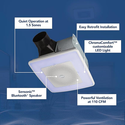 Broan-NuTone ChromaComfort Bathroom Exhaust Fan with Bluetooth Speaker, Powerful 110CFM/1.5 Sones, 24-color LED Light, SPK110RGBL, Wall Switch