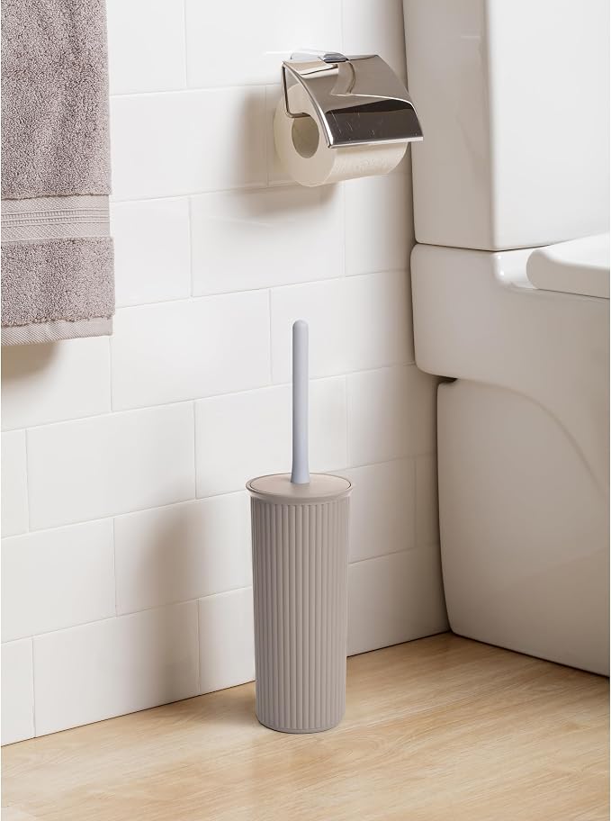 Superio Ribbed Collection Toilet Bowl Brush and Holder Set, Decorative Plastic Bathroom Toilet Brush with Holder, Toilet Cleaner Scrubber, Taupe - 1 Pack
