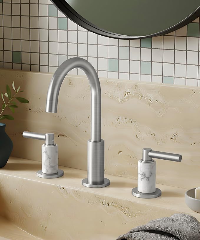 KES Natural Italian Carrara Marble Brushed Nickel Bathroom Faucet 3 Hole with All Metal Pop Up Sink Drain, 8 Inch Widespread Bathroom Sink Faucet for Vanity, 360° Swivel Spout, 18/8 Stainless Steel