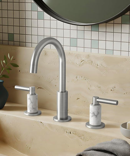 KES Natural Italian Carrara Marble Brushed Nickel Bathroom Faucet 3 Hole with All Metal Pop Up Sink Drain, 8 Inch Widespread Bathroom Sink Faucet for Vanity, 360° Swivel Spout, 18/8 Stainless Steel