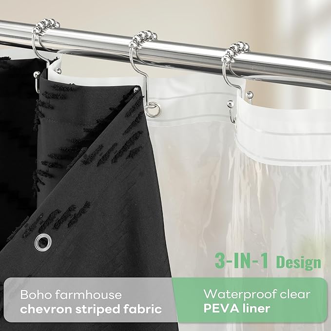 Dynamene Long Shower Curtain and Liner Set - 78 inch Tall Boho Shower Curtain and Waterproof Clear Liner, Tufted Chevron Striped Textured Tassel Shower Curtains for Bathroom, 12 Hooks, 72x78, Black