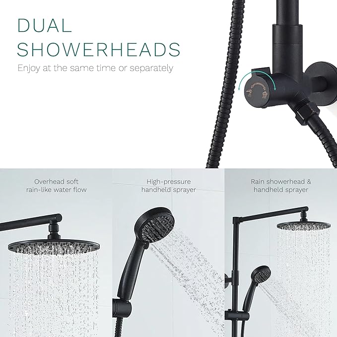 Fennocasa Polaris 3 Rain Shower System, 8” Rainfall Shower Head and Handheld Shower Combo, includes 3-Setting Handheld Spray, Height Adjustable Shower Wand Holder, 60” Hose (1.8 GPM Matte Black)