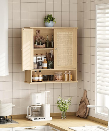 27.6" H Bathroom Wall Cabinet, Modern Medicine Cabinet with Adjustable Shelf & 2 Rattan Doors, Large Over The Toilet Storage Cabinet for Kitchen, Laundry, Living Room, Natural Oak