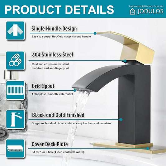 Single Hole Bathroom Faucet, Single Handle Bathroom Sink Faucet with cUPC Supply Hose and Pop Up Stopper, Black and Gold Faucet with 6 inch Deck Plate JU-BS100-BKG