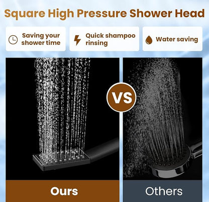 BRIGHT SHOWERS Rain Shower Head with Handheld Spray, High Pressure Square Showerhead Combo with Rainfall & Handheld, Detachable Dual Shower with Anti-Clog Nozzles, 60" Hose, Matte Black