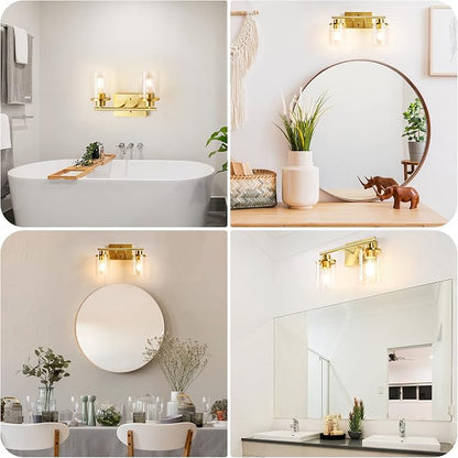 EDISHINE 2-Light Gold Vanity Lights Over Mirror, Modern Wall Sconces, E26 | Clear Glass Shades, Metal Frame with Brushed Brass Finish, Ideal for Powder Room, Vanity Table, Kitchen