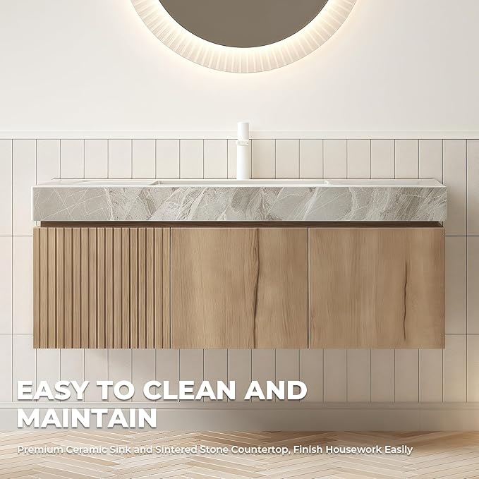 LKTART Floating 48 Inch Bathroom Vanity with Sink, Modern Plywood Wall Mounted Bathroom Storage Cabinet with 2 Doors and 1 Drawer, Roma Travertine-Pattern Sintered Stone Countertop and Ceramic Basins