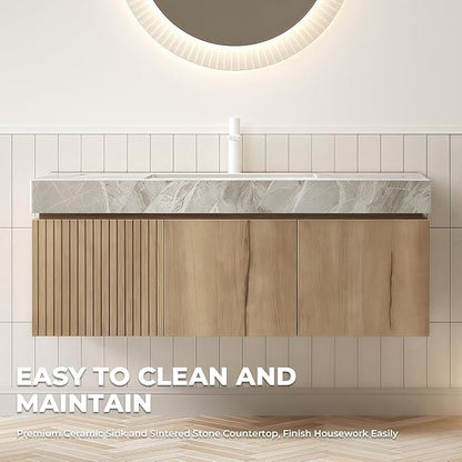 LKTART Floating 48 Inch Bathroom Vanity with Sink, Modern Plywood Wall Mounted Bathroom Storage Cabinet with 2 Doors and 1 Drawer, Roma Travertine-Pattern Sintered Stone Countertop and Ceramic Basins