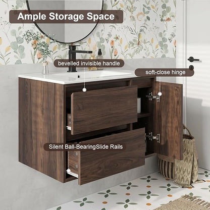 72 Modern Floating Double Sink Bathroom Vanity, Wall-Mounted with Seamless Ceramic Top, Rounded Corners, Full-Extension Soft-Close Drawers & Concealed Drainage (Wood color, 72 inch)