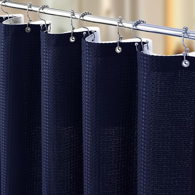3 in 1 Shower Curtain Set, Waffle Shower Curtain and Liner Set with 12 Double Sided Shower Curtain Hooks, 258GSM Luxury Weighted Cloth Shower Curtains for Bathroom, 72 W x 72 H, Navy Blue