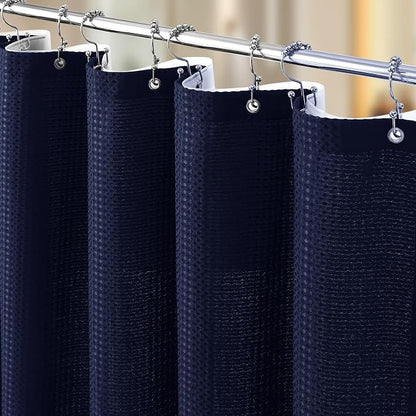 3 in 1 Shower Curtain Set, Waffle Shower Curtain and Liner Set with 12 Double Sided Shower Curtain Hooks, 258GSM Luxury Weighted Cloth Shower Curtains for Bathroom, 72 W x 72 H, Navy Blue