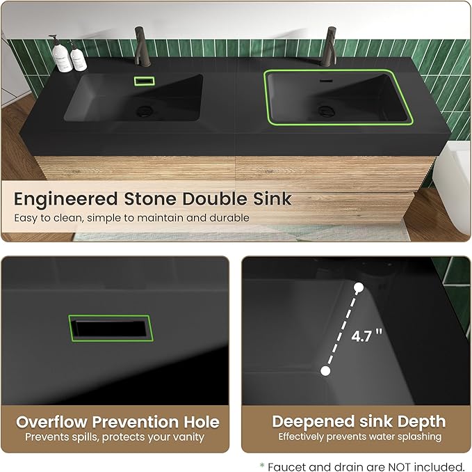 60" Floating Bathroom Vanity with Sink Combo, Modern Floating Double Sink Bathroom Vanity with Black Engineered Stone Tops & 4 Soft-Closing Drawers, Large Storage for Apartment, Hotel, Rough Oak