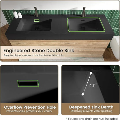 60" Floating Bathroom Vanity with Sink Combo, Modern Floating Double Sink Bathroom Vanity with Black Engineered Stone Tops & 4 Soft-Closing Drawers, Large Storage for Apartment, Hotel, Rough Oak