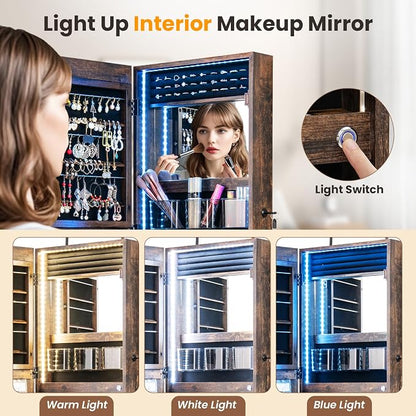 GOFLAME LED Mirror Jewelry Cabinet 42.5”, Wall/Door Mounted Full Length Mirror with Storage, 3-Color Lights, Interior Makeup Mirror, Jewelry Storage Organizer, Lockable Jewelry Armoire, Rustic Brown