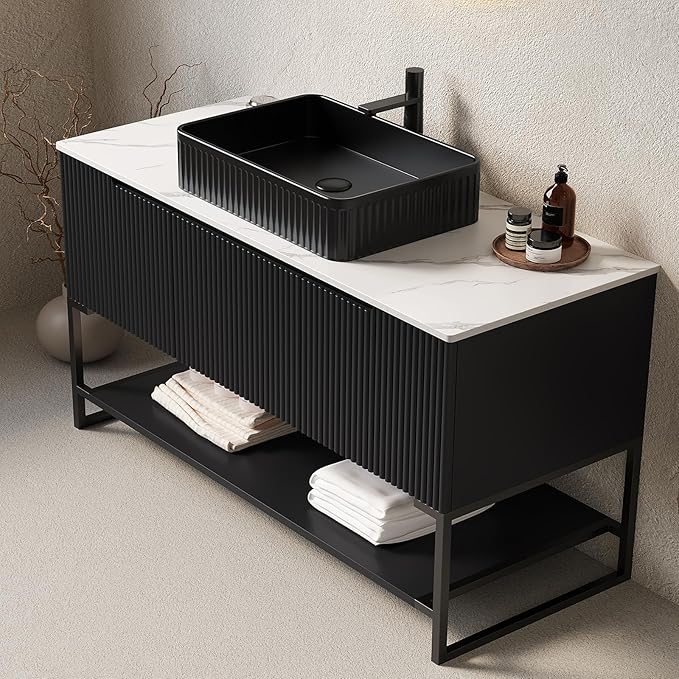 Ambrovina 48-inch Bathroom Vanity with Vessel Sink, Freestanding Bathroom Storage Cabinet with 3 Doors and Open Shelf, Rectangular Ceramic Basin and Carrara White Sintered Stone Countertop, Black