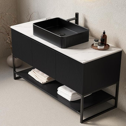 Ambrovina 48-inch Bathroom Vanity with Vessel Sink, Freestanding Bathroom Storage Cabinet with 3 Doors and Open Shelf, Rectangular Ceramic Basin and Carrara White Sintered Stone Countertop, Black