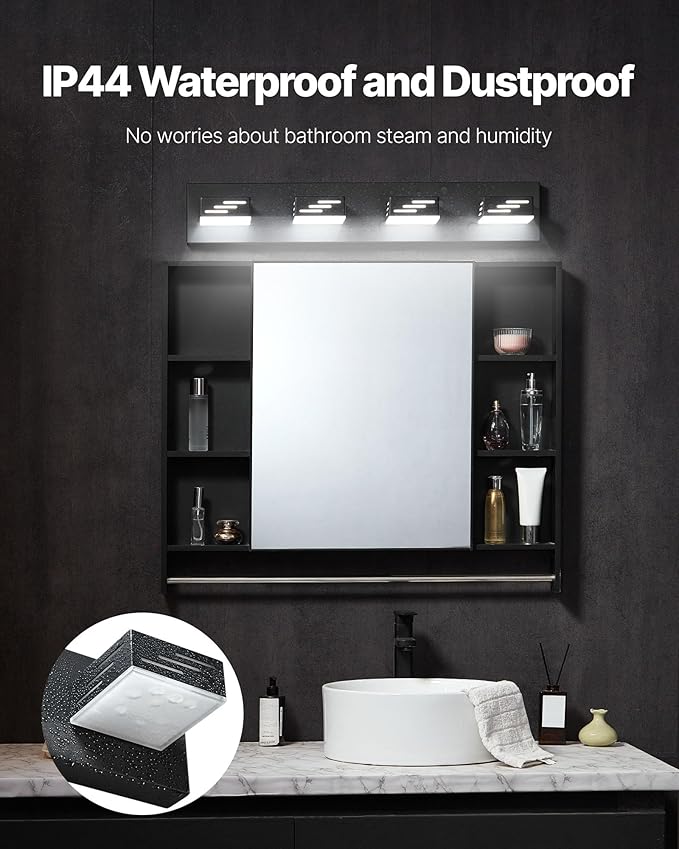 VEVOR 4-Light LED Modern Vanity Light Fixtures, 25.59-Inch, Black Finish Bathroom Wall Lighting Fixture Over Mirror, with IP44 Waterproof, for Bathroom, Living Room, Bedroom, Hallway, Cool White 6000K