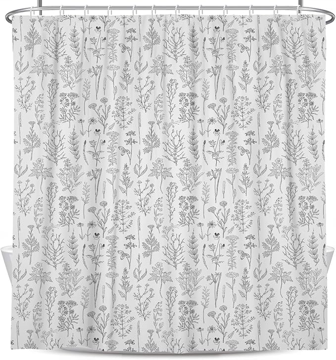 Coxila Vintage Floral Shower Curtain Extra Long XL Botanical Flower Black White Gray Farmhouse Neutral Wildflower Cute Retro Plant Nature Bathroom 72 x 84 Inch Polyester Fabric 12 Pack Hooks