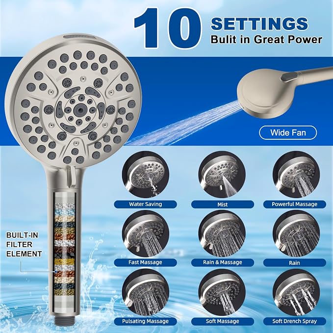 Metal 12" Rain Showerhead with 10-Spray Handheld, Easy Reach 4-way Diverter | Brushed Nickel Finish, Upgraded High Pressure Shower Head with Pause Mode, 71" Stainless Steel Hose/12" Extension Arm