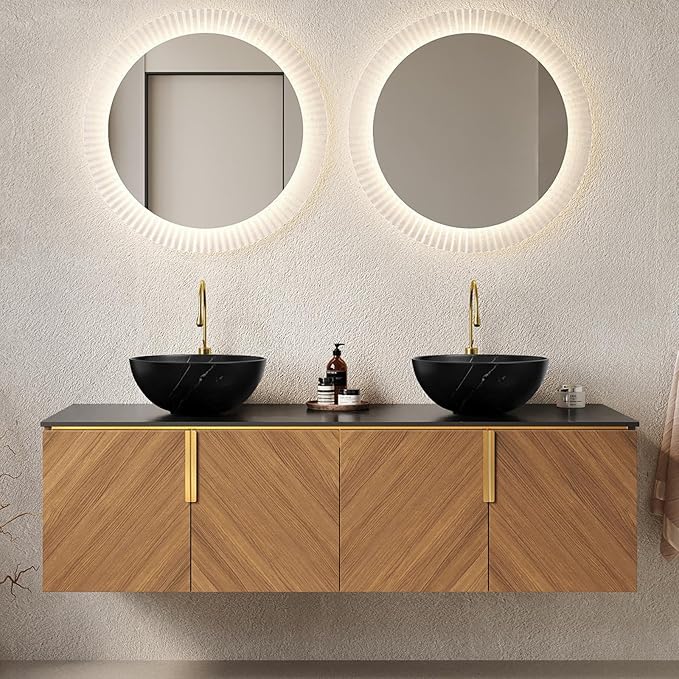 60" Double Sink Bathroom Vanity with Sink Combo, Floating Bathroom Vanities with Vessel Sink, Wall-Mounted Plywood Bathroom Vanity Cabinet with Doors, Brown Oak
