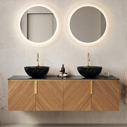 60" Double Sink Bathroom Vanity with Sink Combo, Floating Bathroom Vanities with Vessel Sink, Wall-Mounted Plywood Bathroom Vanity Cabinet with Doors, Brown Oak