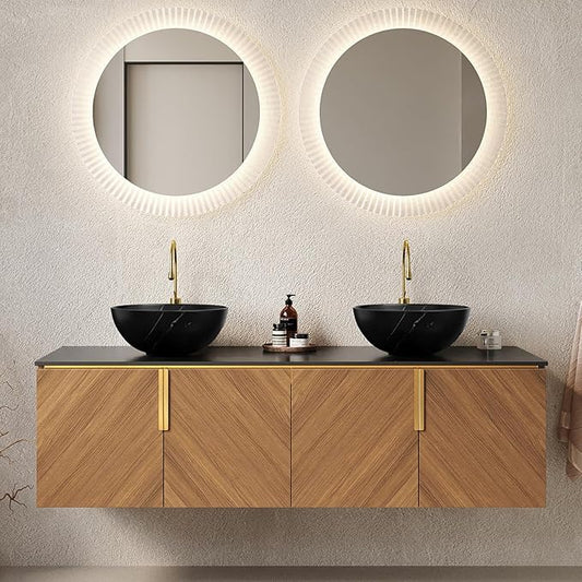 60" Double Sink Bathroom Vanity with Sink Combo, Floating Bathroom Vanities with Vessel Sink, Wall-Mounted Plywood Bathroom Vanity Cabinet with Doors, Brown Oak