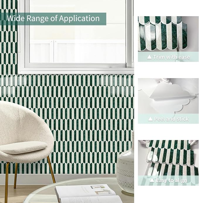 10-Sheet Upgraded Thicker Peel and Stick Kitchen Backsplash Tiles,Waterproof Self-Adhesive Vinyl Wall Tile Stick on Backsplash for Kitchen,Bathroom,Fireplace and RV(Green,12"×12")