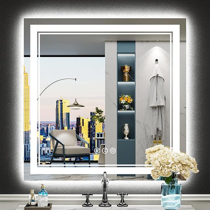 32x32 LED Bathroom Mirror with Lights, Backlit and Front Lit Anti-Fog Lighted Vanity Mirrors for Bathroom Wall, Dimmable, 3-Color Light, Memory, Shatter-Proof, HD Tempered Glass, CRI＞90