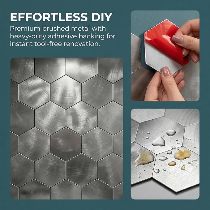 10pcs Peel & Stick Mosaic Wall Stickers - Waterproof/Anti-Skid/High Temp Resistant Decals, Multi-Purpose Removable Decoration for Kitchen Backsplash, Bathroom&Office (10, Silver)
