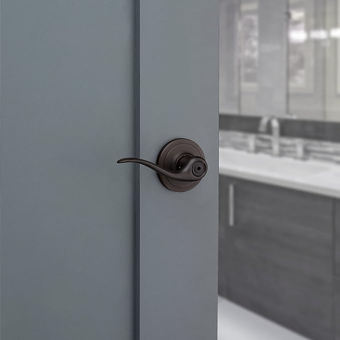 Kwikset Tustin Interior Privacy Door Handle with Lock, Door Lever for Bathroom and Bedroom, Venetian Bronze Reversible Keyless Turn Lock, with Microban Protection (Pack of 4)