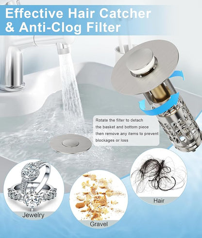 QYHNYJF Upgraded Bathroom Sink Stopper with Hair Catcher - Universal Pop-Up Drain Plug, Stainless Steel & Silicone Seal for 1.1-1.5 Inch Drains,Brushed Nickel Finish (Brushed Nickel)