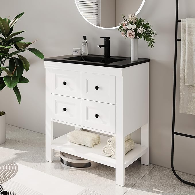 eclife 30" Bathroom Vanity with Sink Combo, Modern Painted Vanities Cabinet with Big Drawers, Opening Bottom Shelf, Raised Foot Pads, Include Undermount Black Sink, Faucet & Drain, White