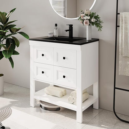 eclife 30" Bathroom Vanity with Sink Combo, Modern Painted Vanities Cabinet with Big Drawers, Opening Bottom Shelf, Raised Foot Pads, Include Undermount Black Sink, Faucet & Drain, White