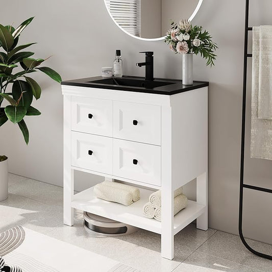 eclife 30" Bathroom Vanity with Sink Combo, Modern Painted Vanities Cabinet with Big Drawers, Opening Bottom Shelf, Raised Foot Pads, Include Undermount Black Sink, Faucet & Drain, White