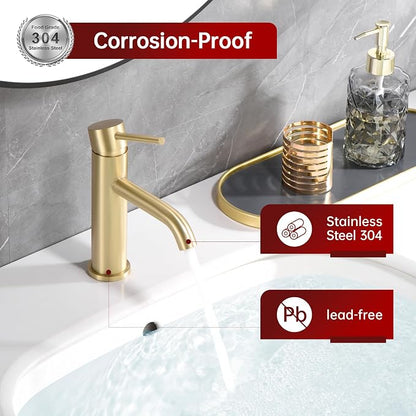 SUMERAIN Bathroom Sink Faucet Brushed Gold Single Handle Single Hole | Lead-Free, Stainless Steel, with Faucet Supply Lines, Easy DIY Install