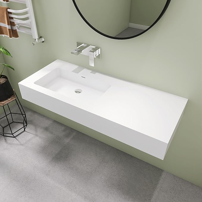 SJ STAR&JANE 47" x 19" Solid Surface Bathroom Single Vessel Sink, Wall Mounted Sink, Stone Resin Countertop With Single Bowl in Matte White Floating Vanity Sink Durable Modern Design