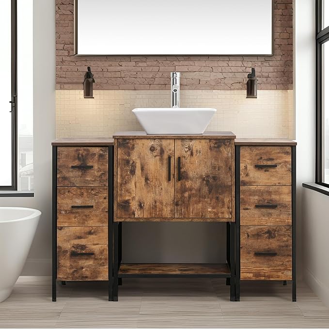 UEV 48" Antique Bathroom Vanity, Dark Brown Bathroom Vanity Set with Sink and 3 Drawers Side Cabinet Combo, Iron Wood Bathroom Cabinet with Adjustable Water Temperature Faucet (A07)