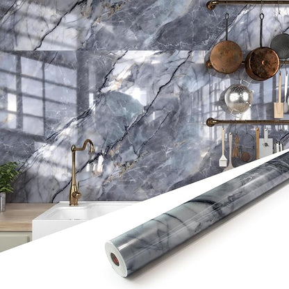Marble Peel and Stick Waterproof Wall Paneling, 118" x 47" Pietra Grey Glossy Finish Self-Adhesive Backsplash Tile Vinyl Wall Panel for Kitchen Bathroom Wall Decor, Covers 38.75 Sq. Ft.
