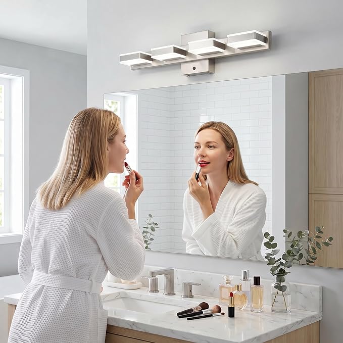 mirrea 24" 4 Light 3CCT LED Brushed Nickel Bathroom Vanity Light Fixture | Over Mirror,Bathroom lighting,3000K/4000K/5000K ,Dimmable,Rust-resistant,Moisture-resistant,Acrylic shade,Wall Mount
