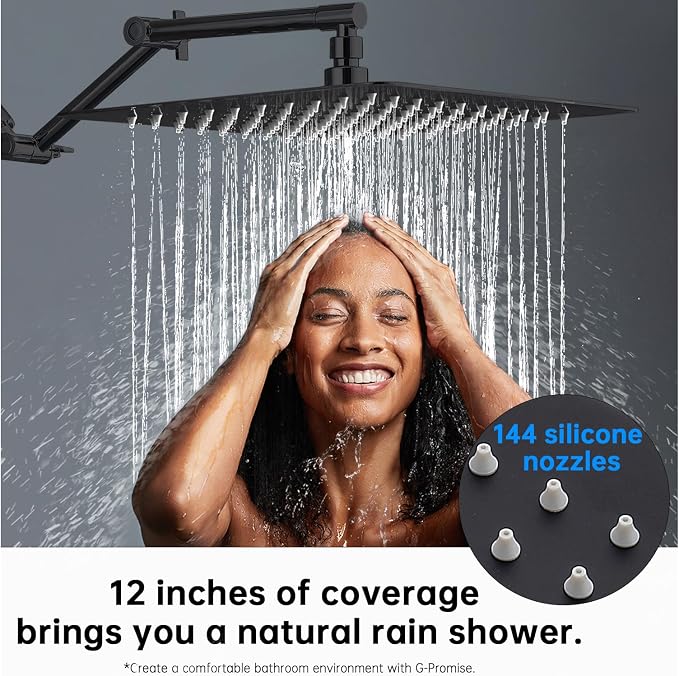 G-Promise 12 Inch All Metal Rain Shower Head with Extension Arm | Built to Last, Rust Resistant, Easy to Install, Adjustable, Full Body Coverage Large Rainfall Shower Head, Daily SPA